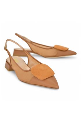 Slingback in rete e pelle colore cuoio. DETAIL | X1418R-CUOIO