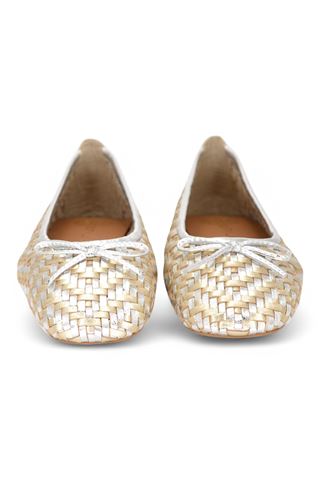 Ballerina in pelle intrecciata colore argento e platino. UNISA | BIENZA-ARGENTO
